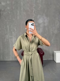 Haki Düğmeli Kuşaklı Keten Elbise Gaus00010GausELBİSEGU1001006