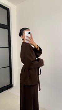 Kahve Astarlı Kuşaklı Ceket Beli Lastikli Cepli Şalvar Premium İkili Takım GAUS-0096GAUSTAKIMGAUS-0096