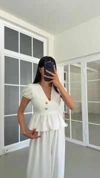 Ekru Gold Düğme Detaylı Peplum Bluz Beli Lastikli Şalvar Pantolon İkili Modal Takım GAUS-01673GAUSTAKIMGAUS-01673