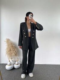 Lily Gri Çizgili Gold Düğmeli Blazer İkili Takım GausTAKIMGU00874