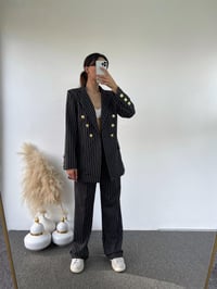 Lily Siyah Çizgili Gold Düğmeli Blazer İkili Takım GausTAKIMGU00873