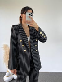 Lily Siyah Çizgili Gold Düğmeli Blazer İkili Takım GausTAKIMGU00873