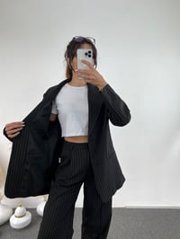 Mela Siyah Çizgili Oversize Ceket Pantolon Takım GausTAKIMGU00811