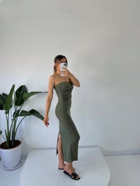 Mila Haki Straplez Drapeli Maxi ElbiseGausELBİSEGU001539