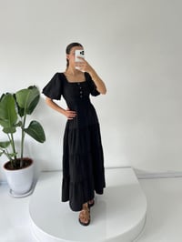 Minie Siyah Sırt Dekolteli Balon Kol Uzun Poplin ElbiseGausELBİSEGU001443