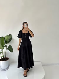 Minie Siyah Sırt Dekolteli Balon Kol Uzun Poplin ElbiseGausELBİSEGU001443