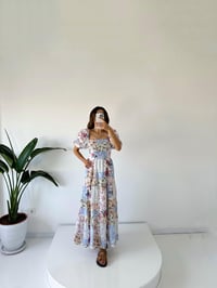 Olivera Mavi Çiçekli Balon Kol Elbise GausELBİSEGU001600
