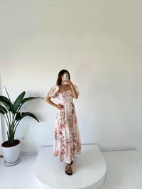 Olivera Pembe Çiçekli Balon Kol ElbiseGausELBİSEGU001602