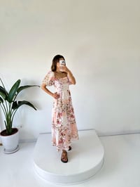 Olivera Pembe Çiçekli Balon Kol ElbiseGausELBİSEGU001602