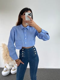 Orijinal Marka Mavi Çizgili Crop Gömlek GausGÖMLEKGU00848