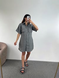Vicky Gri Keten Gömlek ElbiseGausELBİSEGU00953