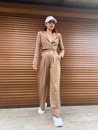 Vizon Keten Crop Blazer Pantolon İkili TakımGausTAKIMGU00466