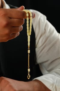 Bilek Boy Damla Kehribar Gümüş  Gold Ayyıldız Tasarım Kapsül Model Tesbih (Amber), (مسبحة قطرة كهريبار)