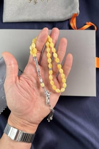 Bilek Boy Nakkaş İmame Gümüş At Figürlü Tasarım Damla Kehribar Tesbih  (Amber), (مسبحة قطرة كهريبار)