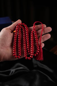 Eski Usül Tekerlek Model Kırmızı 99'luk Sıkma Kehribar Namaz Tesbihi