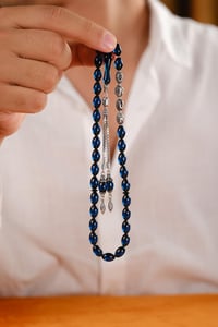 Gümüş Tasarım Kişiye Özel İsimli Mavi Ateş Kehribar Tesbih