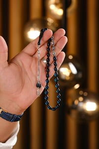 Gümüş Tasarım Kişiye Özel İsimli Mavi Ateş Kehribar Tesbih
