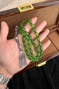 Yeşil Kaya Damla Kehribar Özel Gümüş Tasarım Tesbih (Amber), (مسبحة قطرة كهريبار)