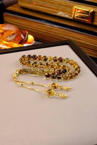 Yoğun Toprak Fosilli Bilek Boy Gümüş Gold Tasarım Damla Kehribar Tesbih (Amber), (مسبحة قطرة كهريبار)