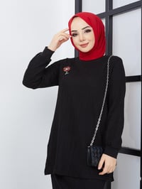Broş Detaylı Triko Takım 0 - SİYAH