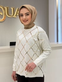 Tnk.21756.1 Payetli Baklava Desenli Triko Bluz