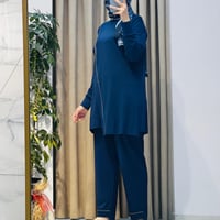 TIĞ TRİKO ÇAPRAZ BANTLI TUNİK KADEMELİ PANTOLON TAKIM LACİVERT