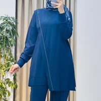 TIĞ TRİKO ÇAPRAZ BANTLI TUNİK KADEMELİ PANTOLON TAKIM LACİVERT