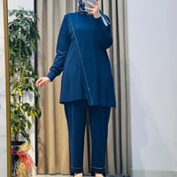TIĞ TRİKO ÇAPRAZ BANTLI TUNİK KADEMELİ PANTOLON TAKIM LACİVERT