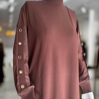 TIĞ TRİKO KOLLARI KUMAŞ GARNİLİ DÜĞME DETAYLI TUNİK PANTOLON TAKIM KAHVE