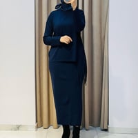 TIĞ TRİKO PÜSKÜL DETAYLI BLUZ ETEK RAYON TAKIM LACİVERT