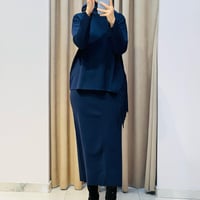 TIĞ TRİKO PÜSKÜL DETAYLI BLUZ ETEK RAYON TAKIM LACİVERT