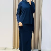 TIĞ TRİKO PÜSKÜL DETAYLI BLUZ ETEK RAYON TAKIM LACİVERT