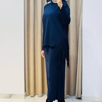 TIĞ TRİKO PÜSKÜL DETAYLI BLUZ ETEK RAYON TAKIM LACİVERT