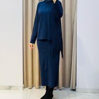 TIĞ TRİKO PÜSKÜL DETAYLI BLUZ ETEK RAYON TAKIM LACİVERT