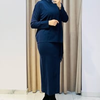 TIĞ TRİKO PÜSKÜL DETAYLI BLUZ ETEK RAYON TAKIM LACİVERT