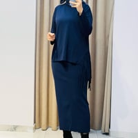 TIĞ TRİKO PÜSKÜL DETAYLI BLUZ ETEK RAYON TAKIM LACİVERT