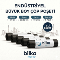 Endüstriyel Büyük Boy Çöp Poşeti 65-80 Cm Siyah (5'li)