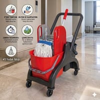 Plastik Çift Kovalı Temizlik Seti - Plastik Pres - Çift Kova - Dar Metal Sap 130 Cm - Ekstra Islak Mop Dar Ekru 375 Gr - +1 Yedek Mop ile