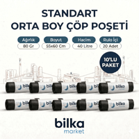 Standart Orta Boy Çöp Poşeti 55-60 Cm Siyah (10'lu)