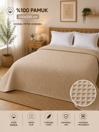  %100 Pamuk Petek Pike Çift Kişilik 200x230 cm – Nefes Alan Yumuşak Dokulu Dört Mevsim Pike - Bej