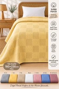 %100 Pamuk Kare Desenli Pike Çift Kişilik 200x230 cm – Nefes Alan Yumuşak Dokulu Dört Mevsim Pike - Sarı
