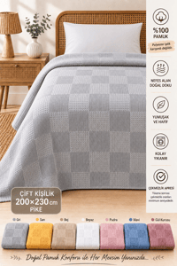 %100 Pamuk Kare Desenli Pike Çift Kişilik 200x230 cm – Nefes Alan Yumuşak Dokulu Dört Mevsim Pike - Gri