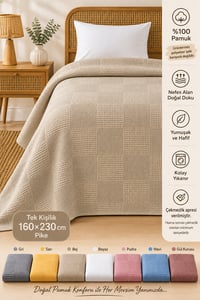 %100 Pamuk Kare Desenli Pike Tek Kişilik 160x230 cm – Nefes Alan Yumuşak Dokulu Dört Mevsim Pike - Bej
