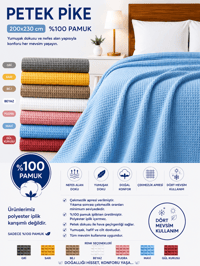 %100 Pamuk Petek Pike Çift Kişilik 200x230 cm – Nefes Alan Yumuşak Dokulu Dört Mevsim Pike - Mavi