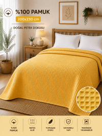 %100 Pamuk Petek Pike Çift Kişilik 200x230 cm – Nefes Alan Yumuşak Dokulu Dört Mevsim Pike - Sarı 