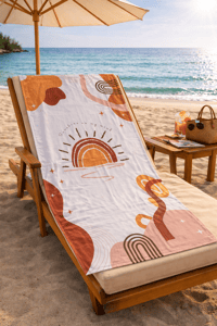Bohem Güneş Desenli Premium Baskılı Plaj Havlusu – Kahve Turuncu Minimal Yazlık Deniz Havlusu 75x150 cm