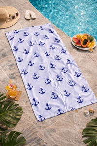 Çapa Desenli Premium Baskılı Plaj Havlusu Beyaz Lacivert Marine Yazlık Deniz Havlusu 75x150 cm