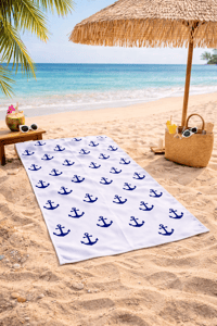 Çapa Desenli Premium Baskılı Plaj Havlusu Beyaz Lacivert Marine Yazlık Deniz Havlusu 75x150 cm