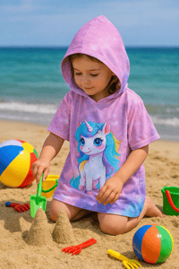 Çocuk Panço Plaj Havlusu – Unicorn Desenli Kapüşonlu, Hızlı Kuruyan, Yumuşak Dokulu Deniz & Havuz Havlusu