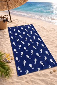 Denizatı Desenli Premium Baskılı Plaj Havlusu – Hızlı Kuruyan Lacivert Deniz Havlusu 75x150 cm
